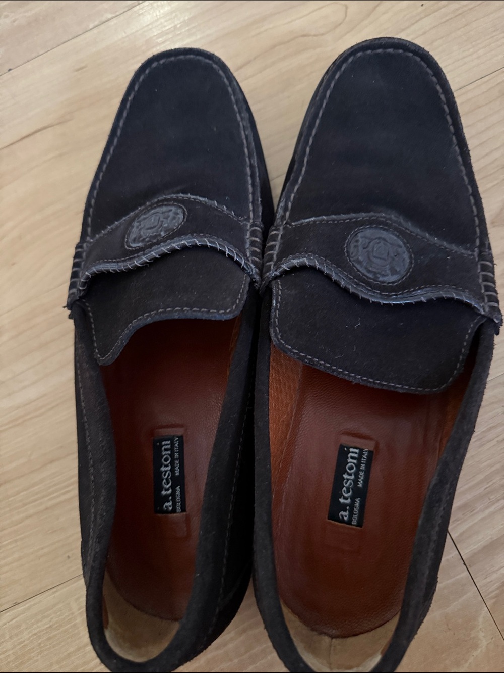 a. testoni Men's Dark Brown Suede Penny Loafers with Embossed Logo